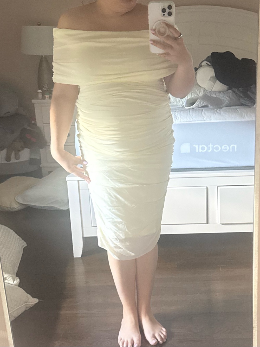 Bumpsuit Maternity Off-Shoulder Ruched Pencil Dress in Lemon